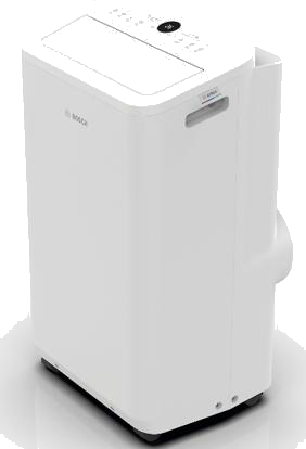 Climatiseur mobile Bosch Cool 2000, 9 000 BTU, façade blanche et bandeau de commandes